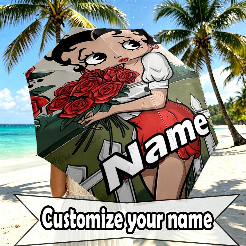 Custom Name Personalized Betty Boop Print Umbrella, Auto Open Close, 8‑Rib Sturdy Frame, Commute Camping Hiking Use, Birthday Gift