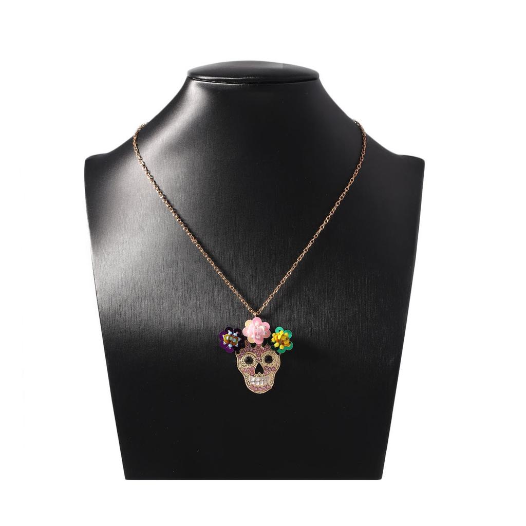 Halloween new creative exquisite design sense color alloy gold inlaid zircon charming flower skull pendant necklace