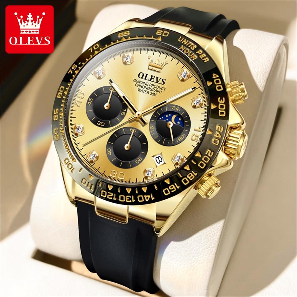 OLEVS Men's Watches Casual Fashion Original Brand Quartz Wristwatch for Man Silicone Strap Moon Phase Date Chronograph Luminous
