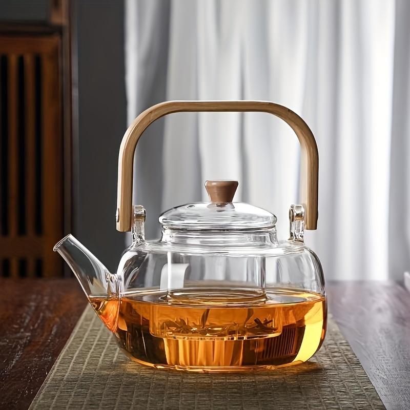 1000ML Tea Water Separation Glass Teapot with Bamboo Handle, Heat Resistant Borosilicate Glass Tea Kettle with Tea Strainer, Clear Glass Teapot