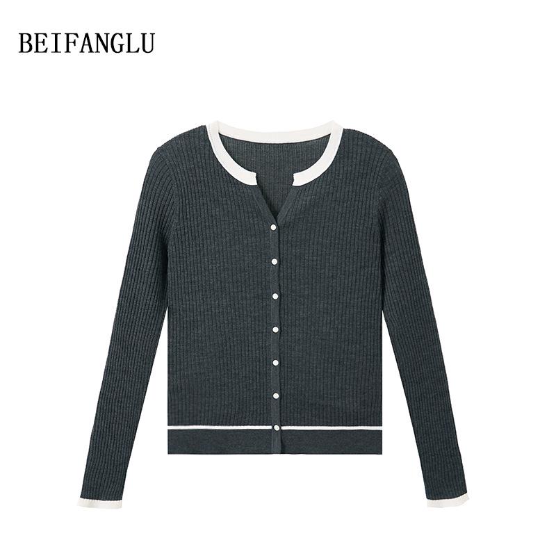 Northern Deer Women's French Wool Color Block Ribbed Knit Cardigan SL35