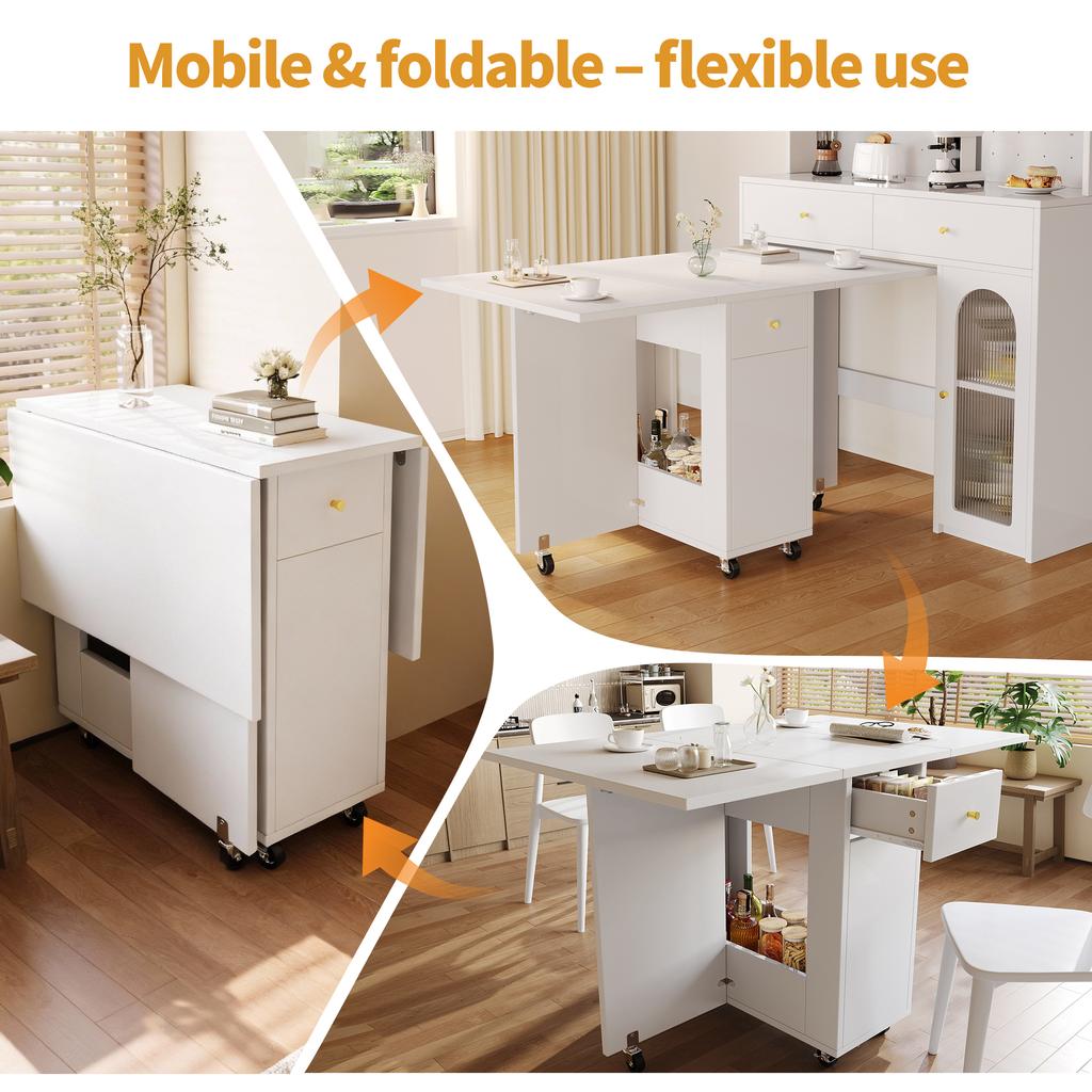 Folding Dining Table (120 x 75 x 75 cm), Mobile Kitchen Worktop, for 2-4 People, with Open Storage, 2 Drawers, Lockable Casters, White