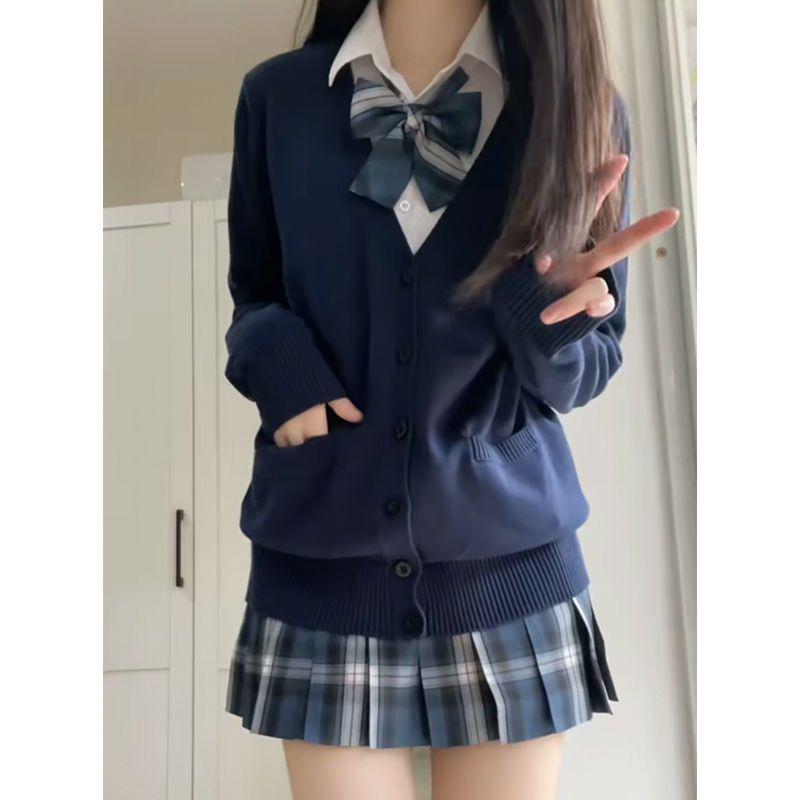 Navy Blue Japanese School Style Women's Cardigan Sweater for Autumn & Winter