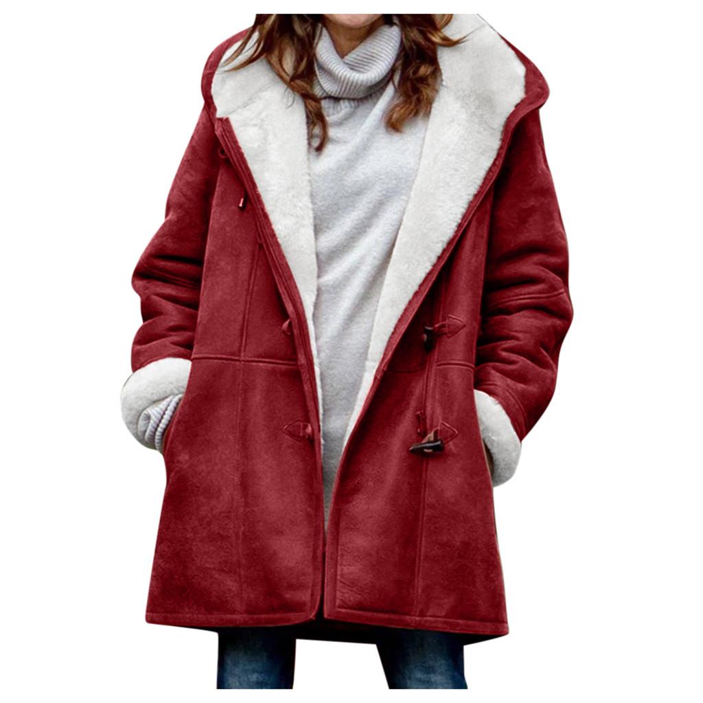Women Winter Plus Size Solid Plus Velvet Coat Long Sleeve Horn Buckle Pocket Overcoat