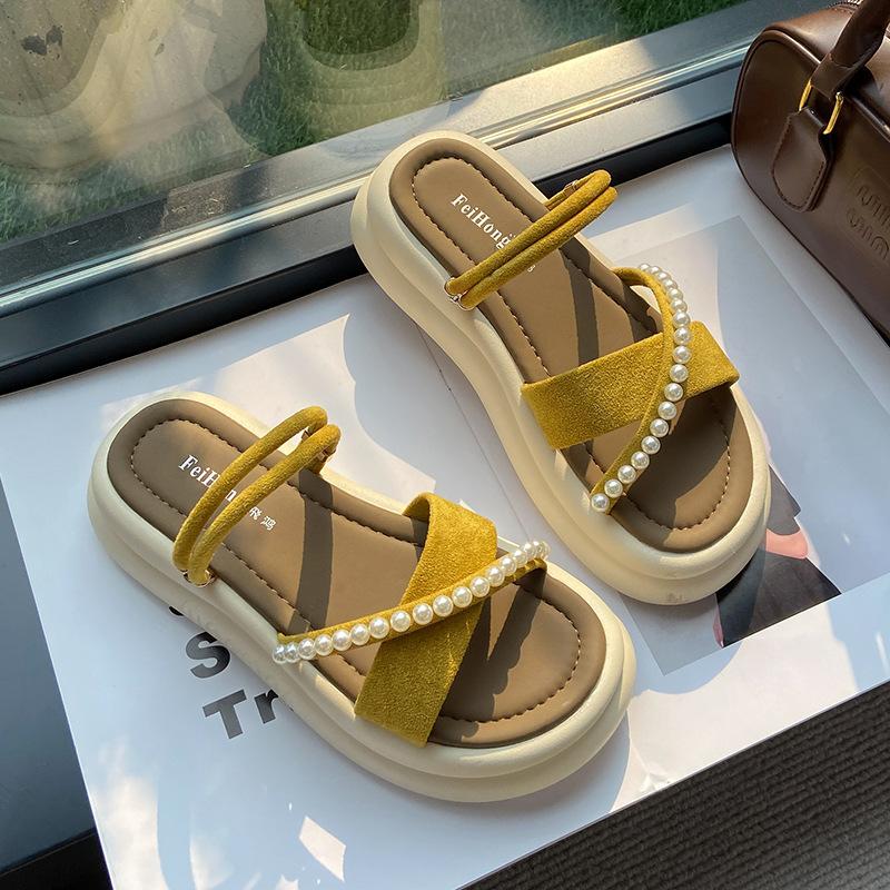 С юбкой, сандалии, женские 2025 красивые сказочные, крутые шлепанцы, новая римская толстая подошва для улицы, повседневные весенне-летние на плоской подошве