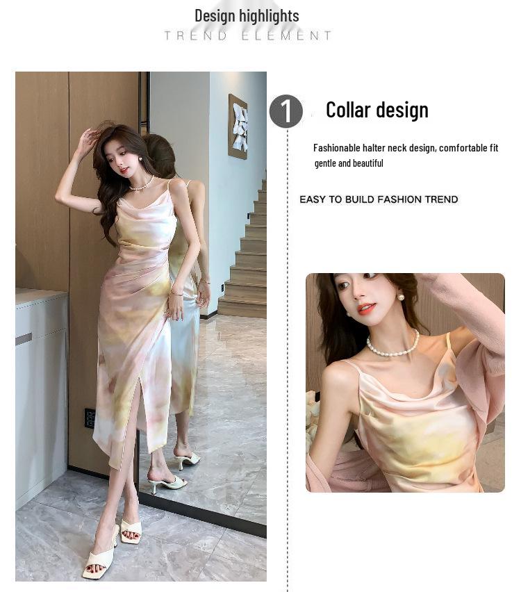 Летнее платье на бретельках-спагетти из сатина с принтом и французским вырезом-хомут в наличии