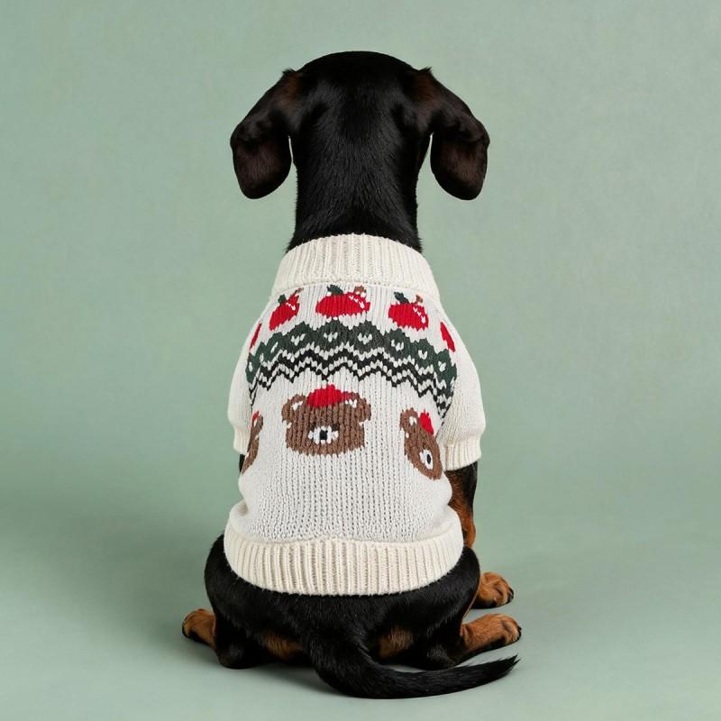 Knitted Dog Sweater With Wave Brown Bear Design Elastic Cuff Warm Pet Top Winter