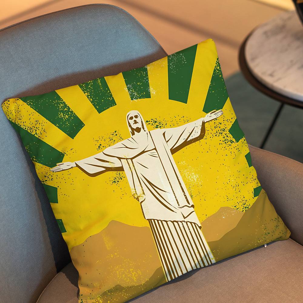 Brasil Flag And Jesus Christ Pillow Case Anti-Dustmite Pillowcase Invisible Zipper Silky Short Plush Sofa Cushion Cover