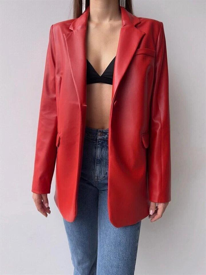 Stylish Designer Leather Party Real Lambskin Handmade Red Formal Women's Blazer