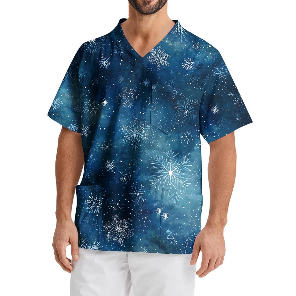 Мужская рабочая блузка с короткими рукавами и v-образным вырезом с принтом, топ с нагрудным карманом