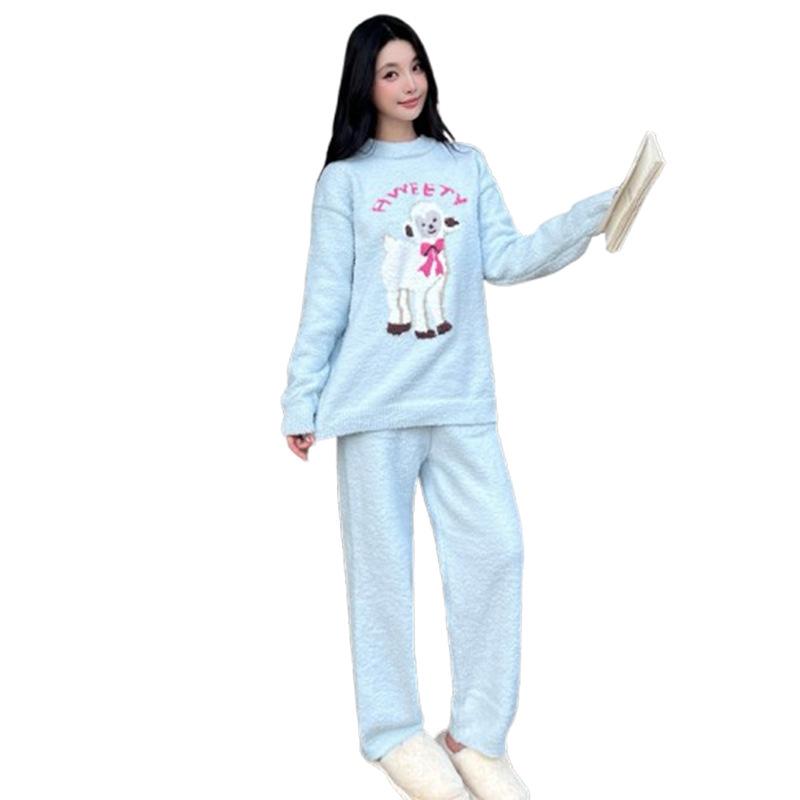 Autumn new half-fleece pajamas women's winter fleece thickened warm sweet cute loungewear suit can be worn outside