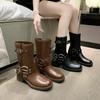 New Spring and Autumn Women's Leather Retro Brown Women's Boots Fashionable Belt Buckle Temperament Round Head High Barrel Boots