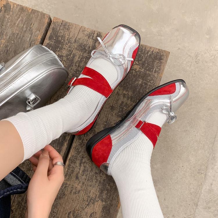 Кожаная версия~ Серебристый бант туфли-лодочки женские с мелким вырезом новая кожаная обувь на плоской подошве с мягкой подошвой французские ретро туфли Мэри Джейн