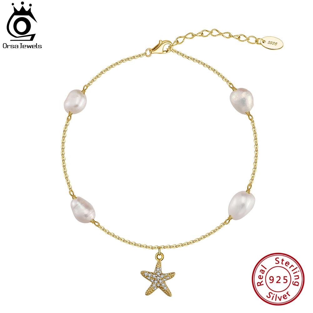 ORSA JEWELS Natural Freshwater Pearl and Starfish 925 Silver Chain Ankelt for Women Summer Holiday Anklets Jewelry SA74
