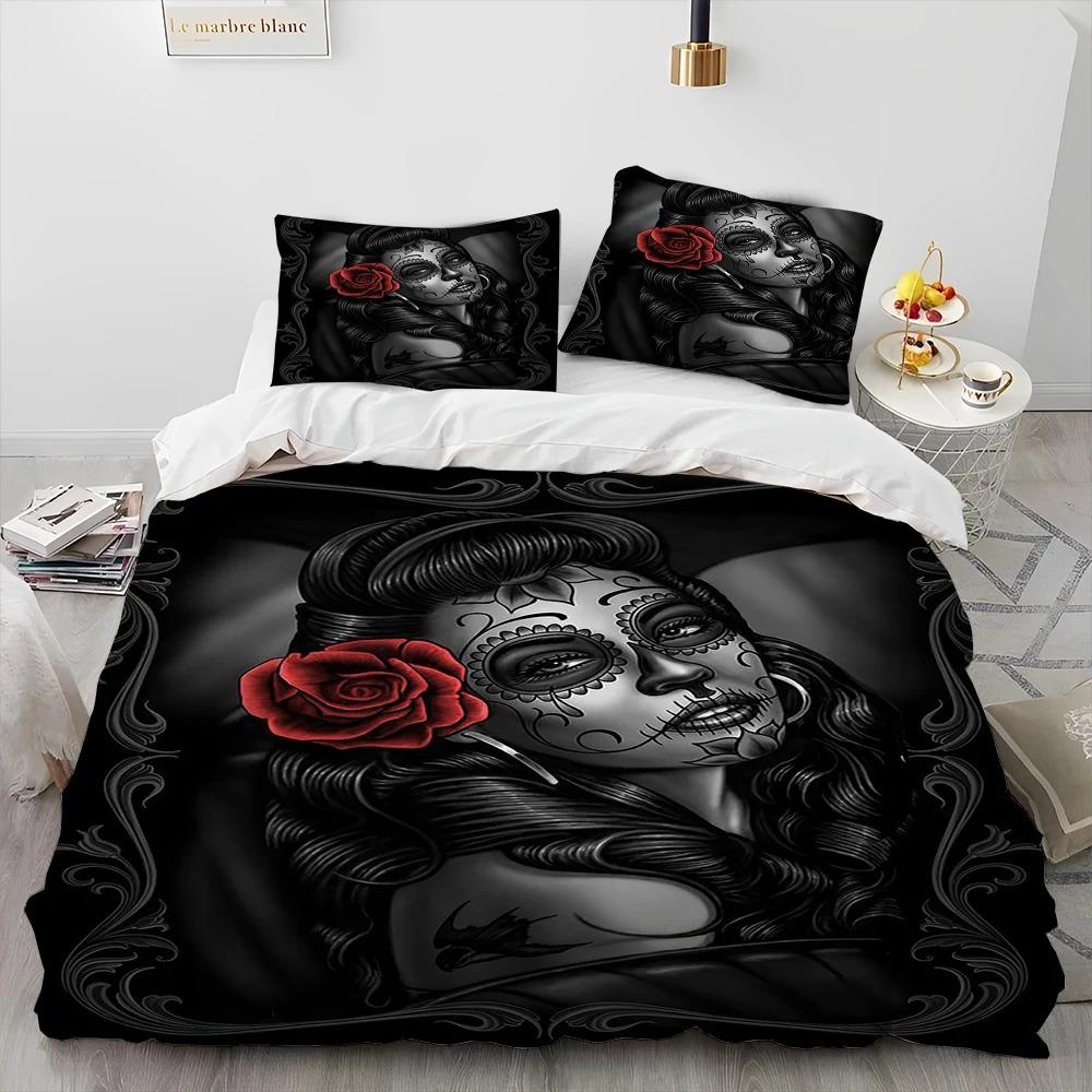 3D Horror Gothic Female Skull Dead Girl Comforter Bedding Set,Duvet Cover Bed Set Quilt Cover Pillowcase,Queen Size Bedding Set