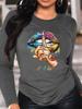 100% pure Polyester women's spring and autumn casual fashion long sleeved lip print letter graphic printed round neck T-shirt