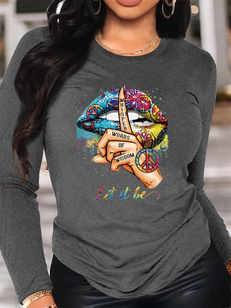 100% pure Polyester women's spring and autumn casual fashion long sleeved lip print letter graphic printed round neck T-shirt
