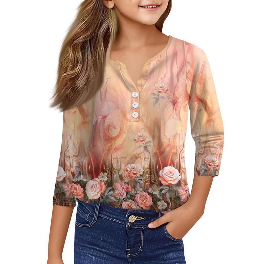 Повседневные модные топы для девочек с принтом, футболка с семью рукавами и пуговицами