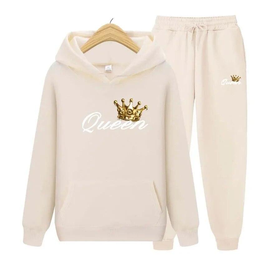 Королева с принтом, осенне-зимние толстовки + брюки, комплект из двух предметов, женские толстовки, спортивные костюмы, брюки для бега, плотная теплая одежда