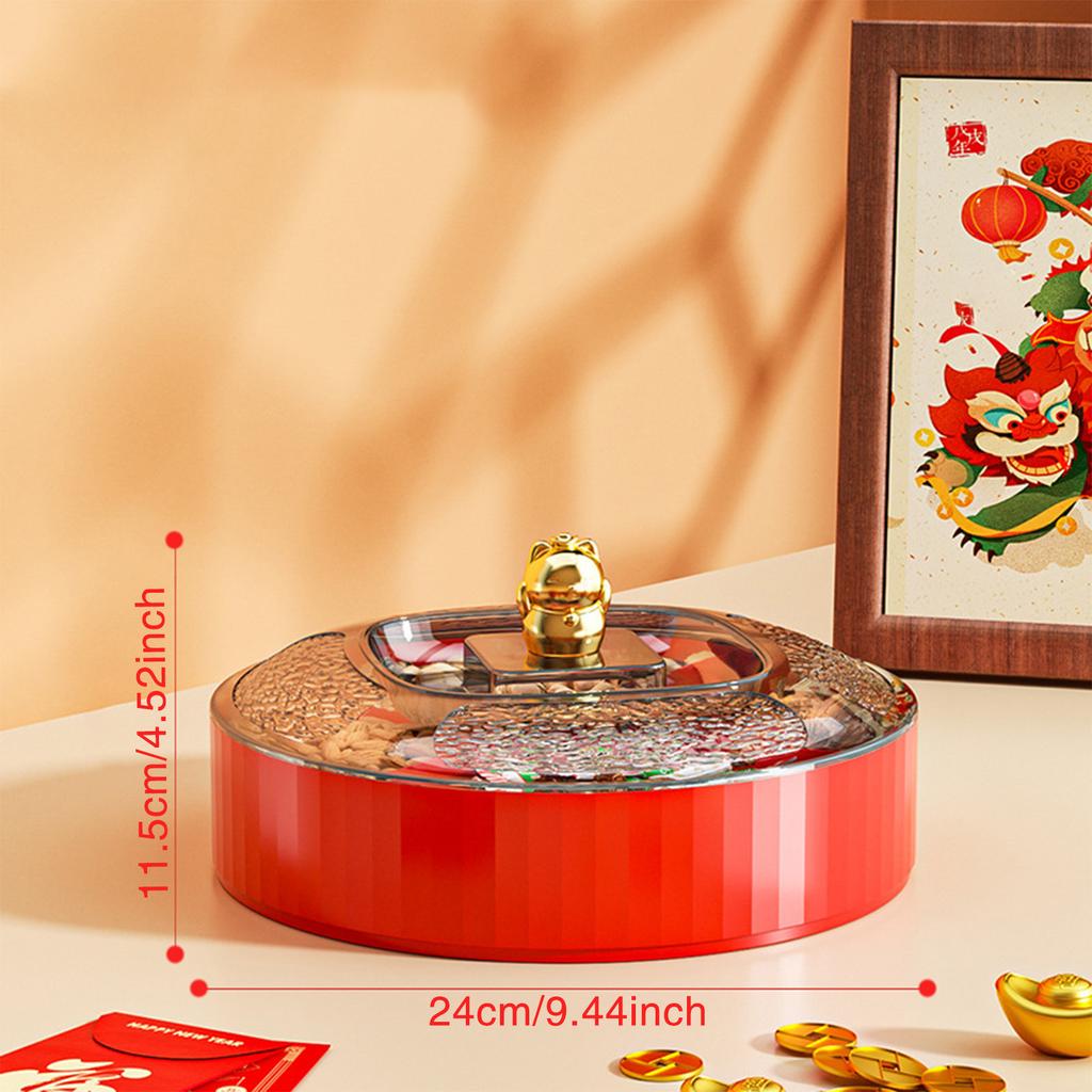 9,45-дюймовая двухслойная коробка для закусок, новогодний лоток для хранения фруктов, конфет, орехов, креативная крышка с рисунком счастливого кота, украшение для стола, фруктовая тарелка 2025