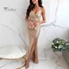 Lady Slip Dress V Neck Spaghetti Strap Backless Back Strapp Dress Zipper Closure Side Slit Sequin High Waist Maxi Dress for Wedding Birthday Party