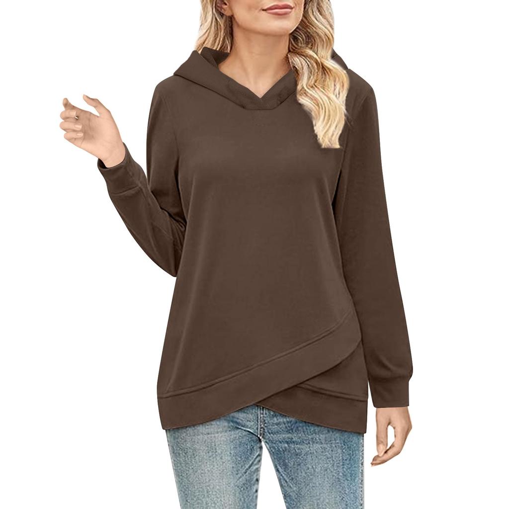 Women's  Fashion Solid Color Hoodie Long Sleeved  Cross Hem Sweatshirt  Top