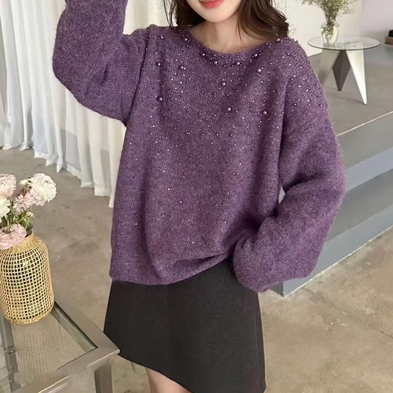 Korean High-End Beaded Knit Pullover for Women - Autumn/Winter Slimming Loose Sweater