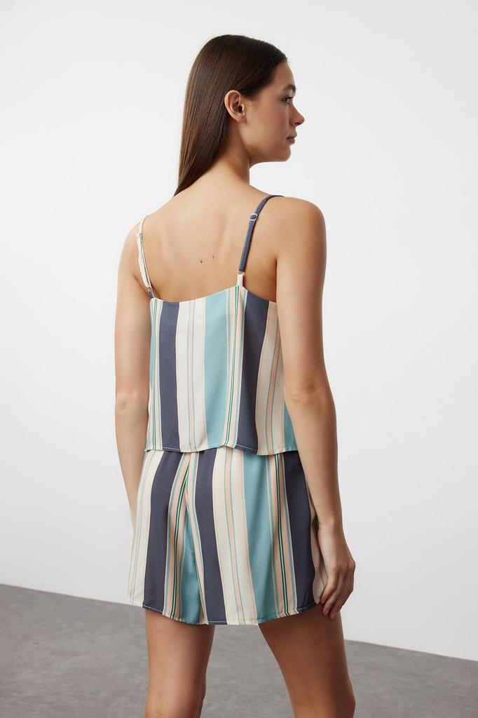 Women's Fashion Blue-Multicolored Striped Viscose Woven Pajama Set with Rope Strap