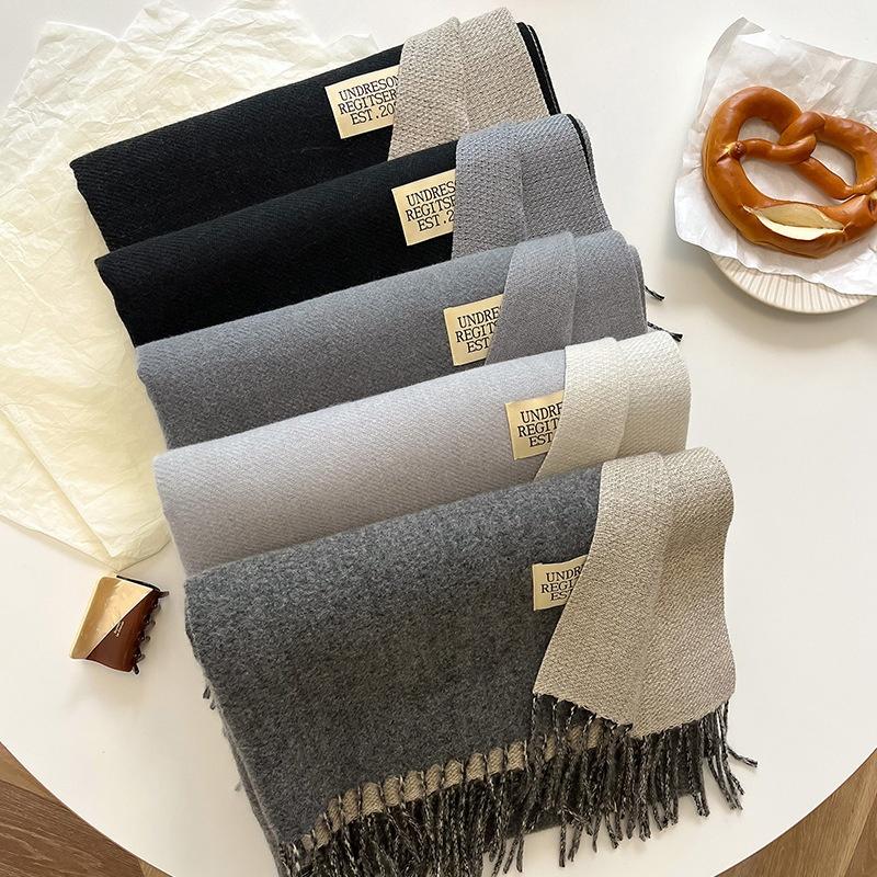 Thickened Double-Sided Fringed Scarf Pure Color Cashmere-Style Women'S Fashionable Student Two-Purpose Shawl Autumn Winter Korea