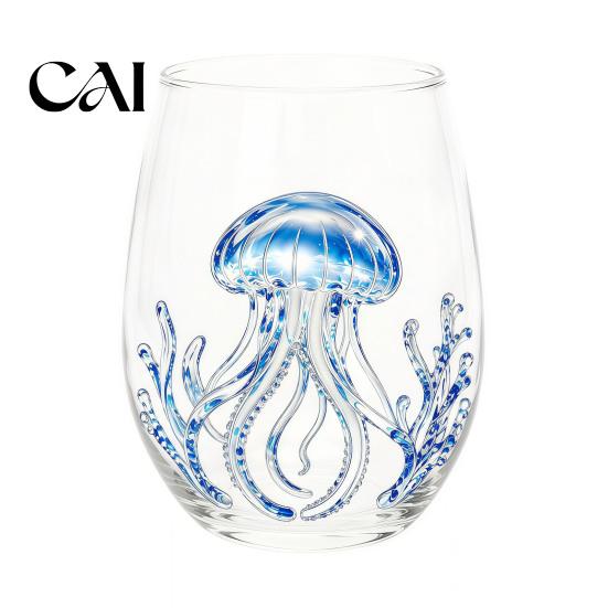 Artisan Sculptural Drinking Glass Marine Animal Theme Clear Tumbler, Handcrafted Painted Glassware, Ergonomic Handle Cocktail Creative