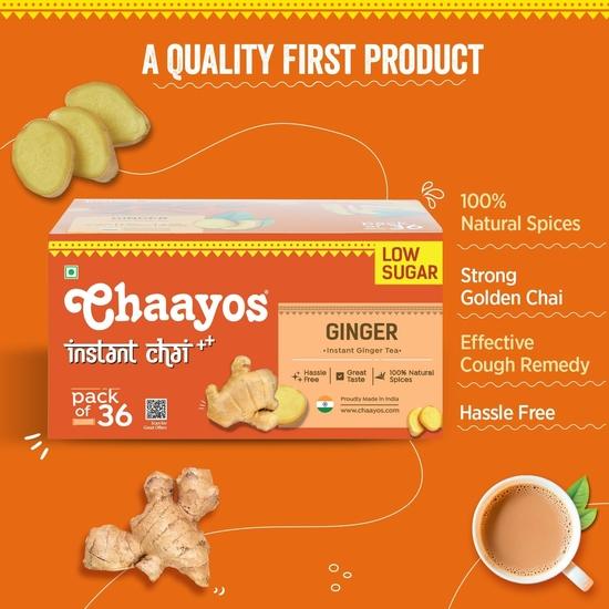 Chaayos Растворимый чайный премикс - со вкусом имбиря - с низким содержанием сахара (36 пакетиков) | Растворимый чай | Чайный премикс | Имбирный чай |288 грамм