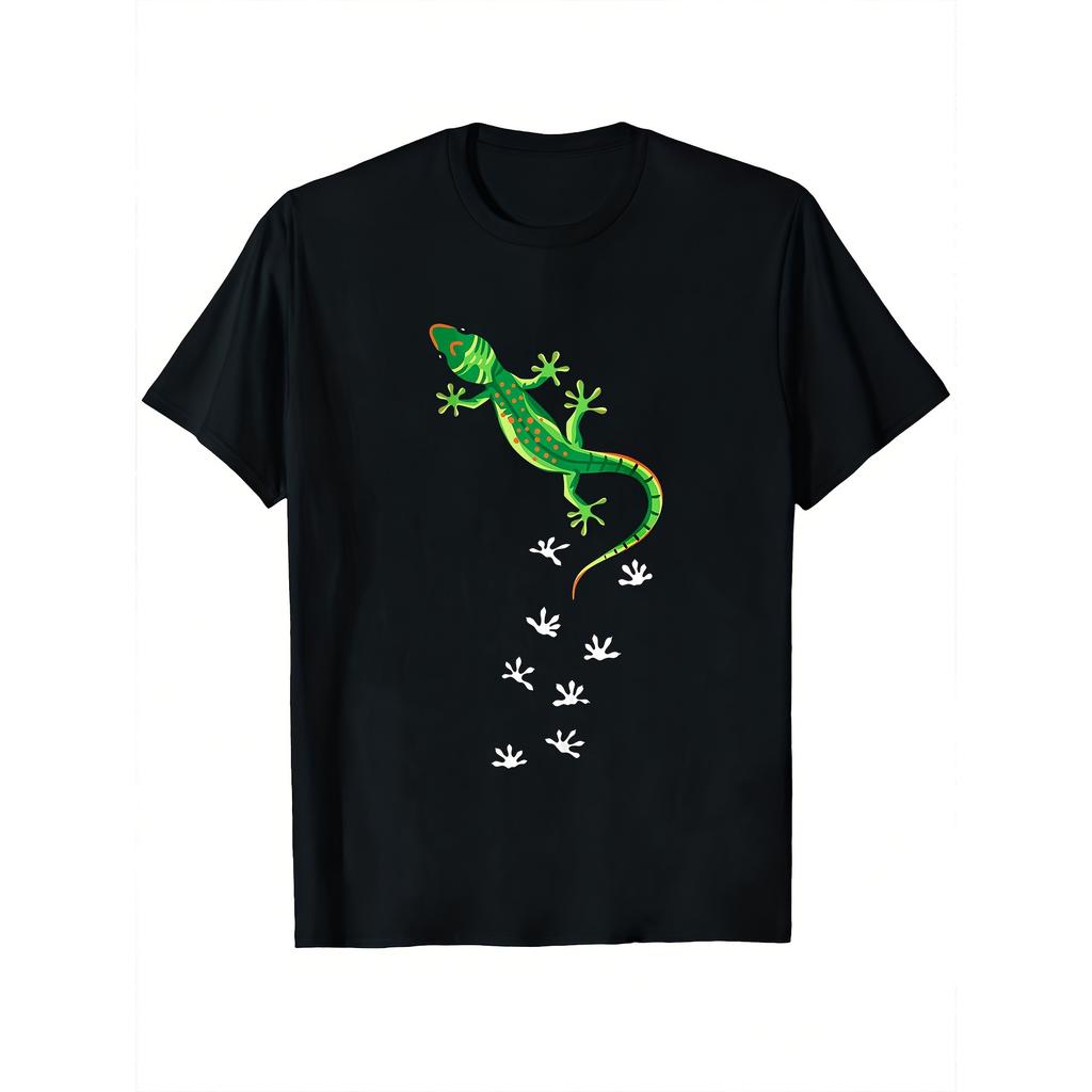 Black T Shirt Green Gecko Print with Footprints Casual Wear for Men And Women
