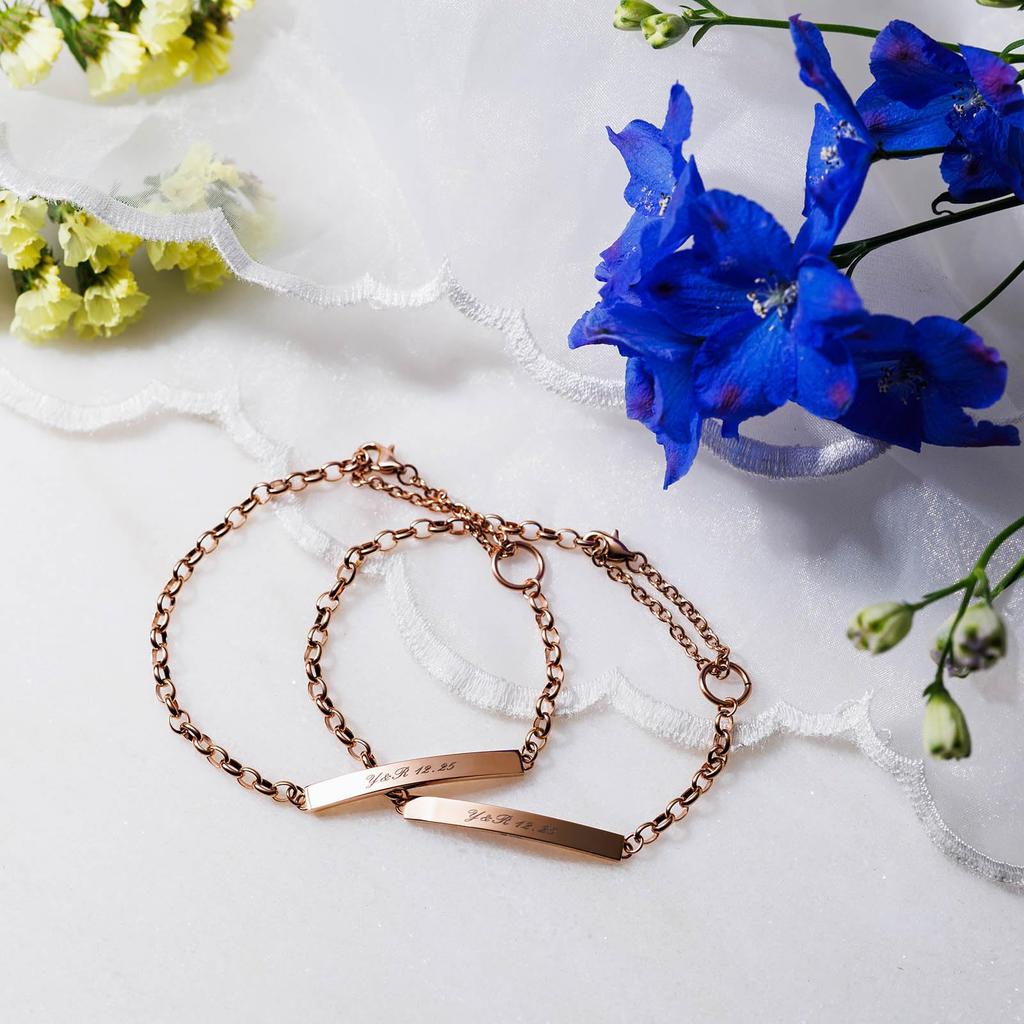 Pair Bracelet Set of 2 Allergy Free Stainless Steel Plate Plain Half Round Chain Simple Surgical Stainless Steel Pink Pink [White Clover] & 15cm-24cm