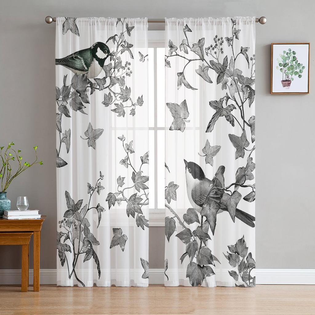 Plants Flowers Watercolor Birds Sheer Curtains for Living Room Decoration Window Curtains Kitchen Tulle Voile Organza Curtains