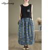 Mori Girl Осень-Весна Женская Джинсовая Юбка Миди Плюс Размер Высокая Талия Ретро Принт Юбка Подсолнух Винтаж Элегантные Дамские Юбки С Разрезом