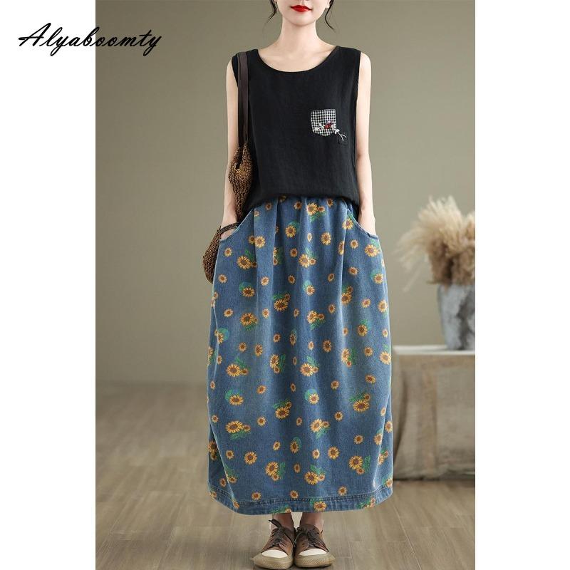 Mori Girl Осень-Весна Женская Джинсовая Юбка Миди Плюс Размер Высокая Талия Ретро Принт Юбка Подсолнух Винтаж Элегантные Дамские Юбки С Разрезом