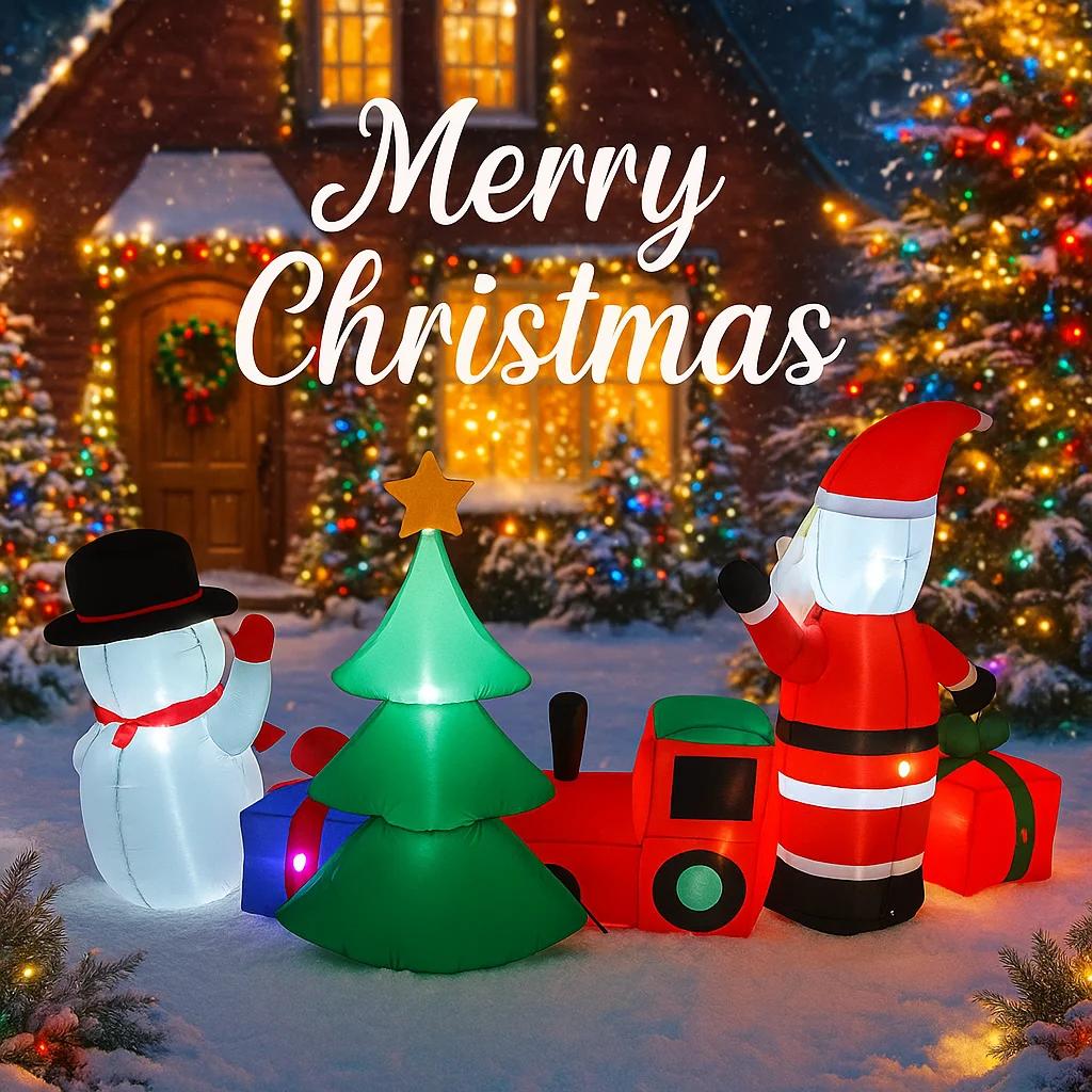 8.8FT LED Inflatable Xmas Yard Decor Set Santa Snowman Train Tree Xmas Decorations Holiday Supplies Home Ornaments Gifts Toy