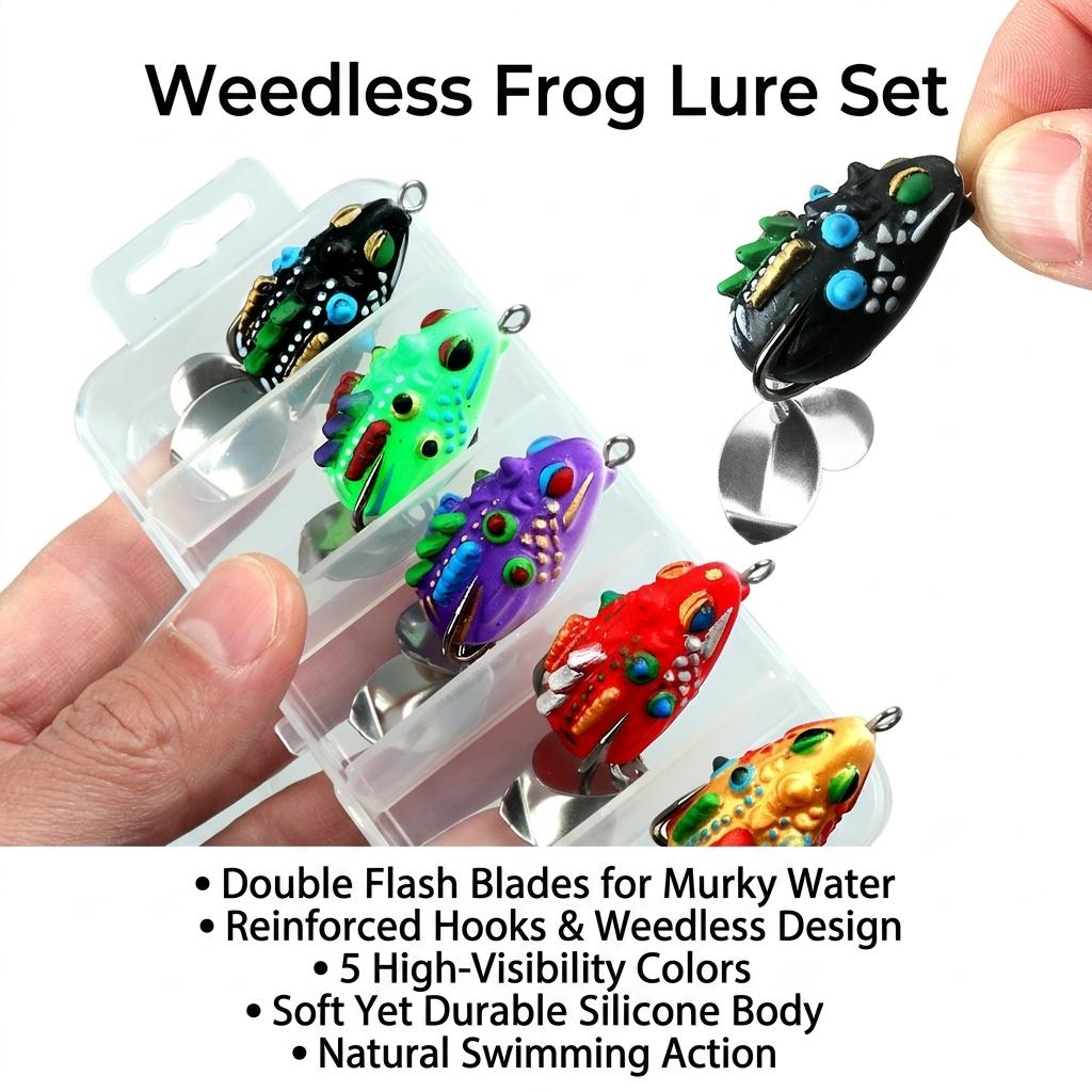 Frog Lure Set with Double Flashing Blades and Reinforced Hooks for Bass Fishing in Freshwater and Saltwater