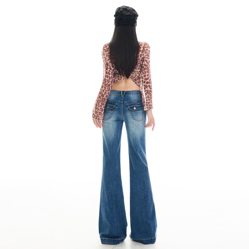 American Spice Girl Low Waist Skinny Pocket Guns Flower Design Retro Washed Elastic Micro Pull Jeans Women