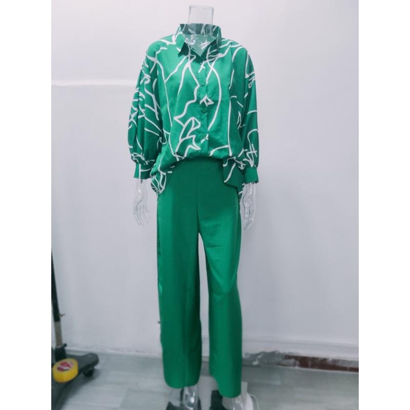 Women's Sets Casual Loose Plus Size Lapel Printed Long Sleeve Shirt Solid Color High Waist Wide Leg Pants
