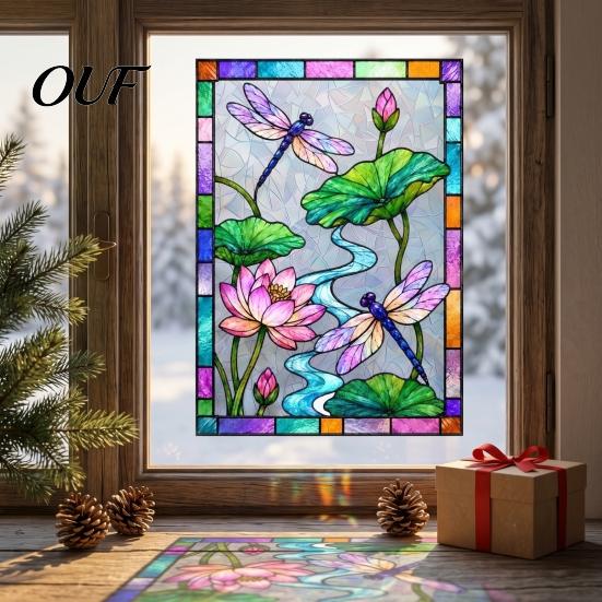 Sunlight Catcher for Windows Dragonfly Lotus Stained Glass Style Window Cling, Rainbow Suncatcher Static Pattern Film Decal, Privacy Home Door Balcony