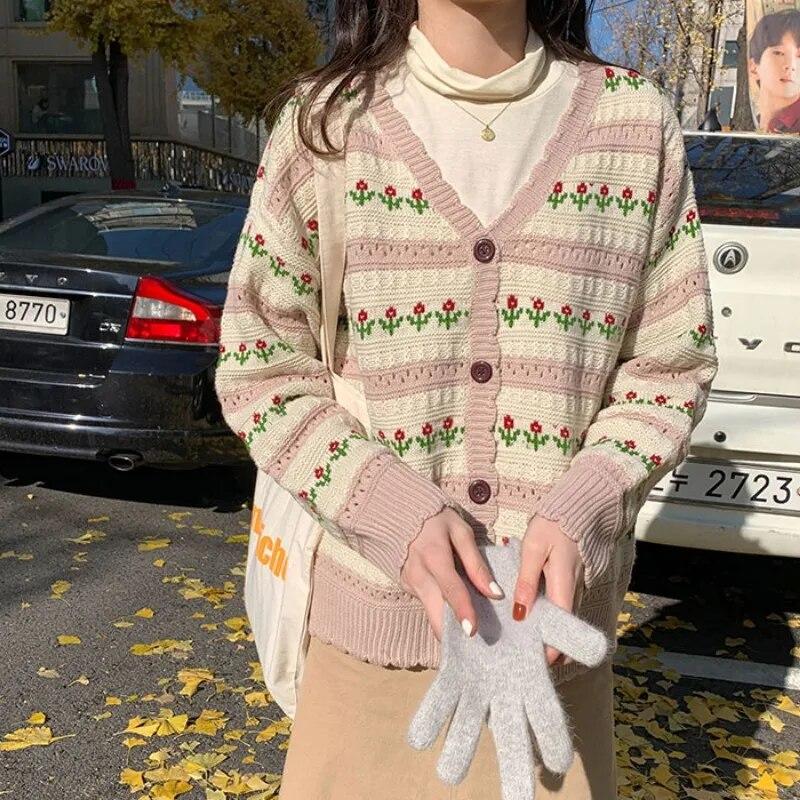 Autumn Flower Print Knitted Cardigan Sweater Women Loose Winter Korean Sweet Cardigan Knitwears Warm Long Sleeve Cardigans 29159