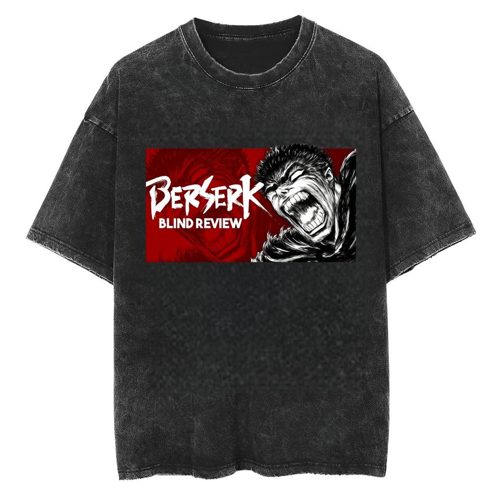 2026 Berserk Guts Anime Print Vintage Washed Adult T Shirt Men Black Distressed Short Sleeve Casual Tees