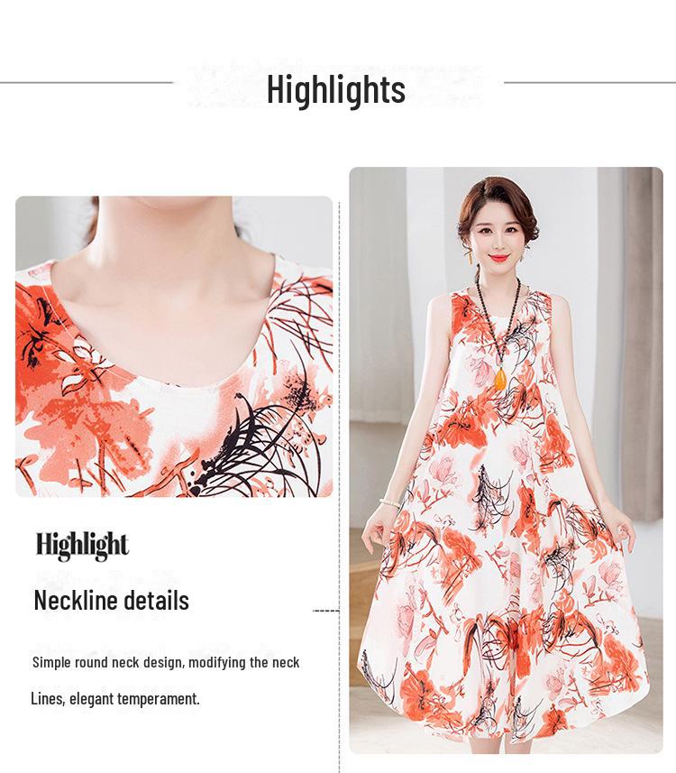 Sleeveless Silk Cotton Dress for Middle-Aged Mothers - Slim Fit, Large Size, Beach Dress for Summer