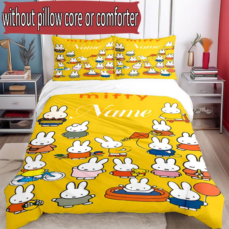 3pcs Duvet Cover Set (1*Duvet Cover + 2*Pillowcase, Without Core), Custom Name Miffy Pattern Bedding Set, Home Bedroom Decor Gift