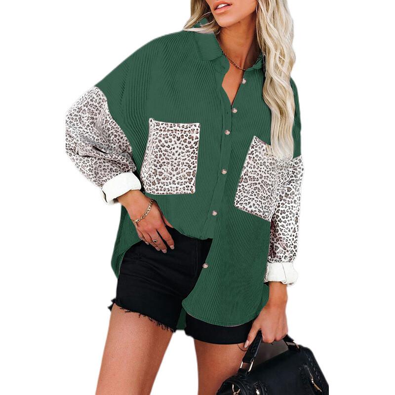 Winter Corduroy Coat Leopard Print Casual Lapel Buttoned Shirt Women Outerwear