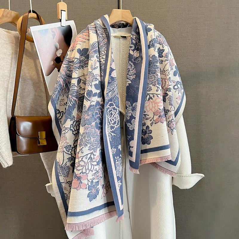 Designer Winter Warm Cashmere Scarves Women Floral Print Thicken Pashmina Shawl Elegant Lady Wool Poncho Windproof Pareo