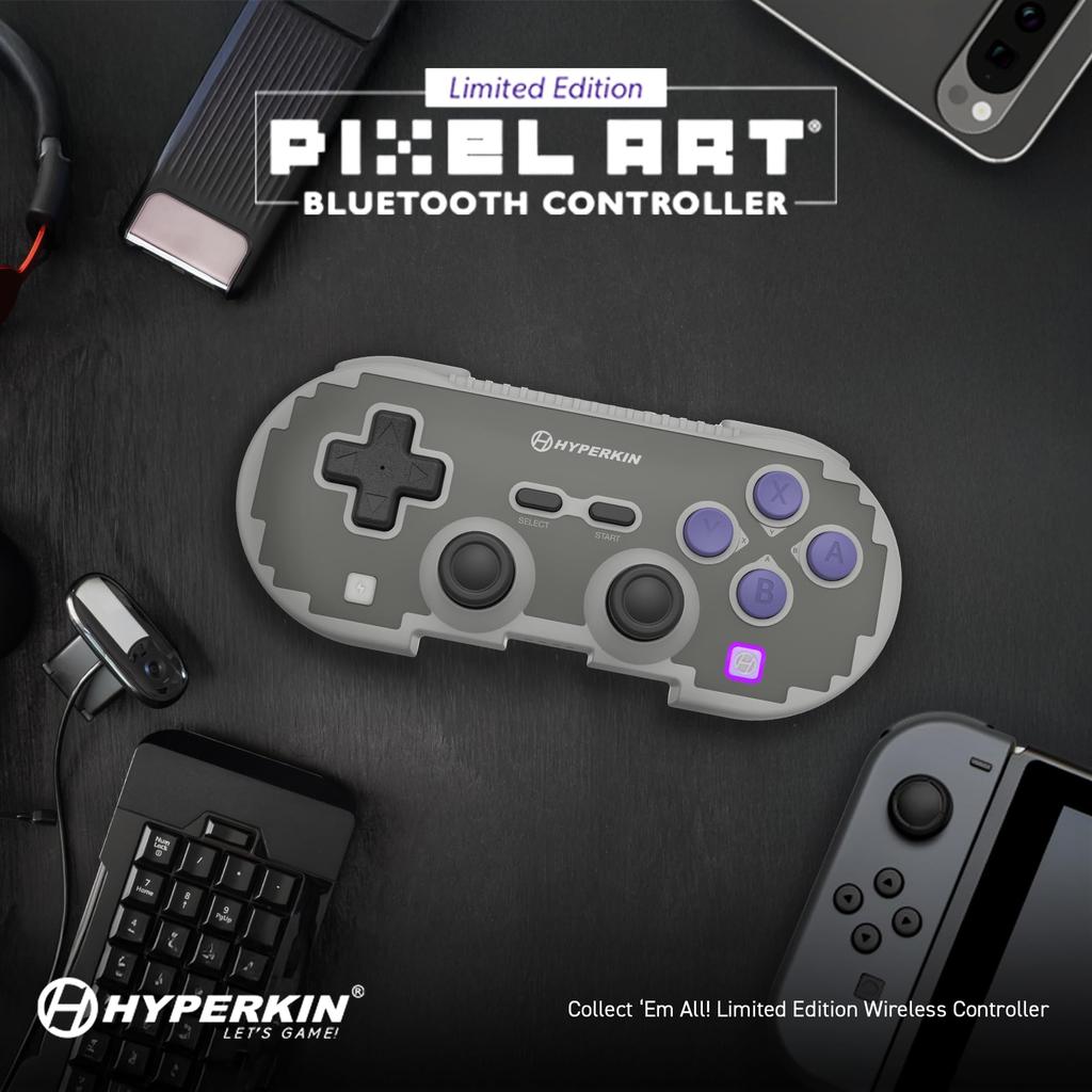 HYPERKIN Беспроводной контроллер в стиле Pixel Art с эффектом Холла, Bluetooth, защита от стик-дрифта, Turbo, ретро, серый, для Switch/ПК/смартфона, стики, 5.0/проводное подключение,