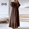 Women Robe Dress Crew Neck Long Puff Sleeves Pure Color Plus Size Patchwork Straight Pullover Casual Middle East Area Traditional Clothes Maxi Dress