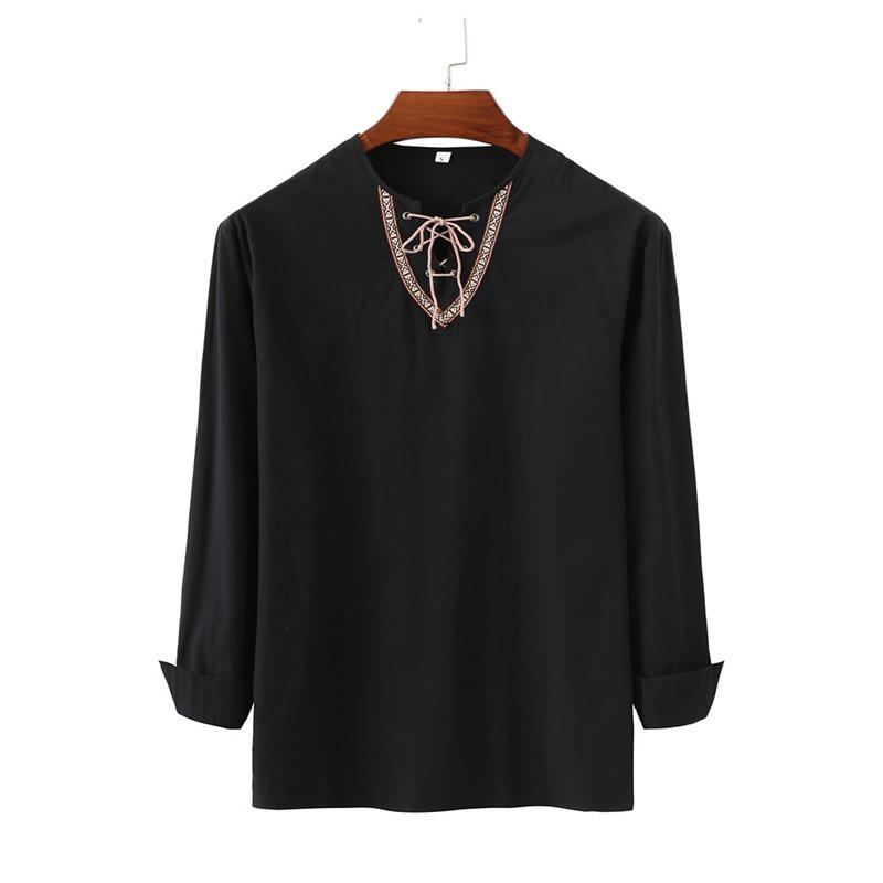 New Men's Loose Solid Color Drawstring Long Sleeve Shirt Cotton Hemp Collar Men's Shirt